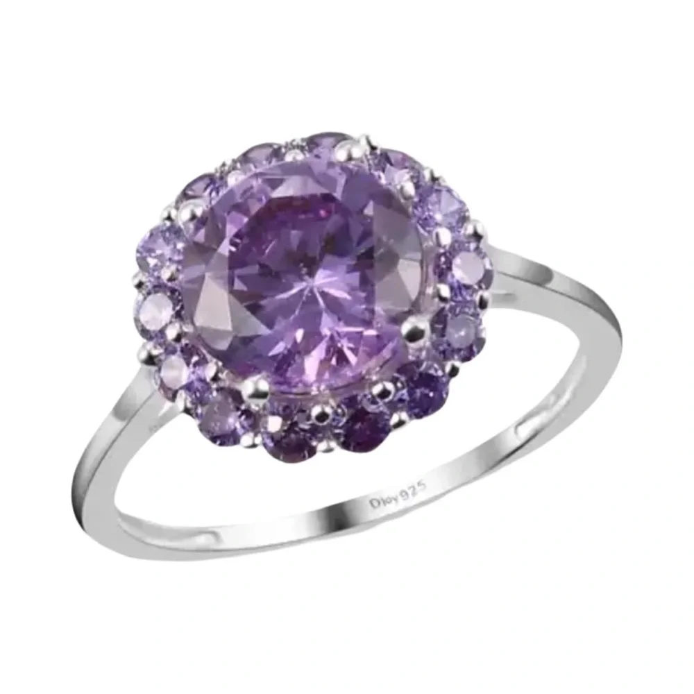 Amethyst Simulated Diamond Halo Ring 925 Sterling Silver Purple Gemstone